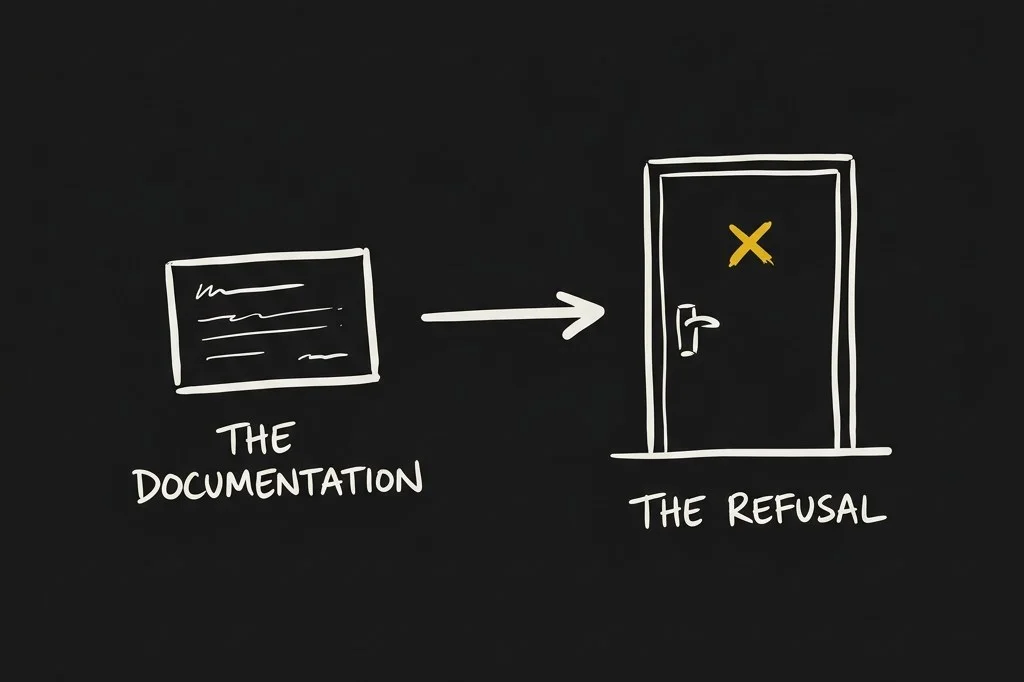 The documentation on one side, the refusal on the other