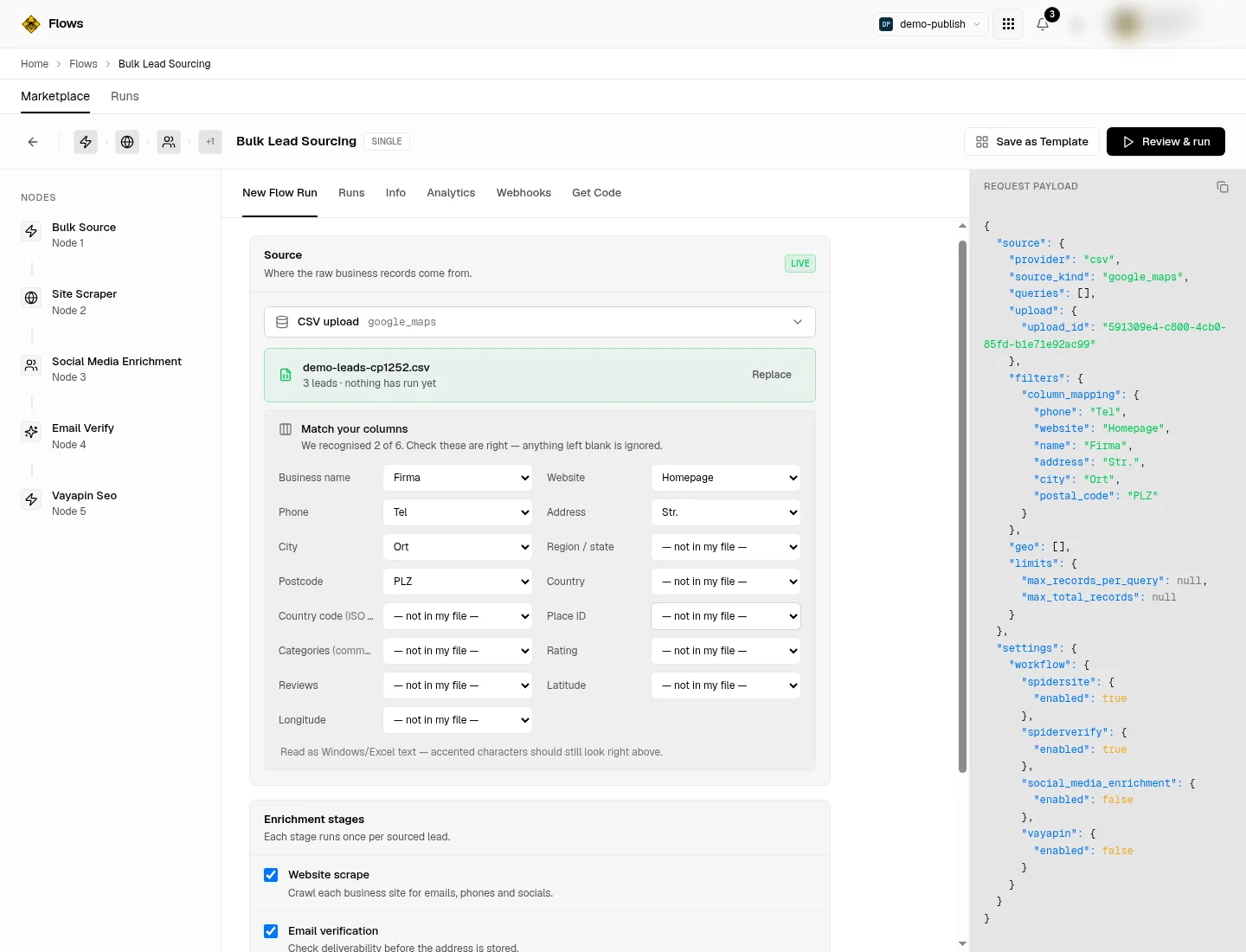 The column mapping panel showing our proposed mapping for a file with non-obvious headers, with each field selectable against a column from the file.