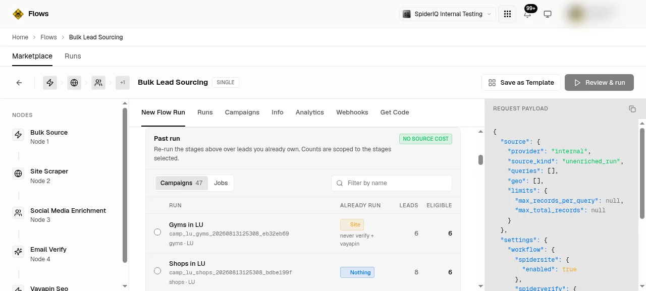 The past-run picker, listing campaigns with what each already ran and both lead counts