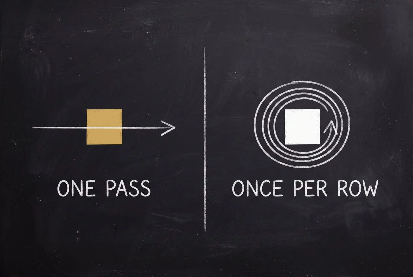 The same question, two query plans: one pass across the set, or the same work repeated once per row