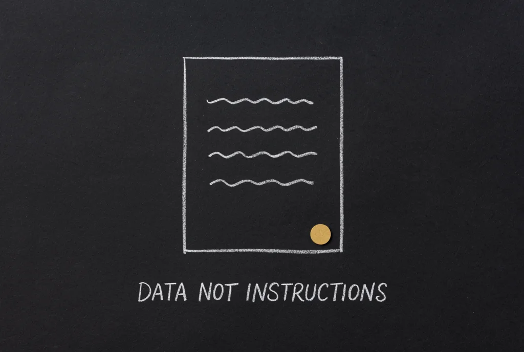 A chalk-drawn sheet of paper with four wavy lines of unreadable writing and a small gold dot on its corner, captioned DATA NOT INSTRUCTIONS.