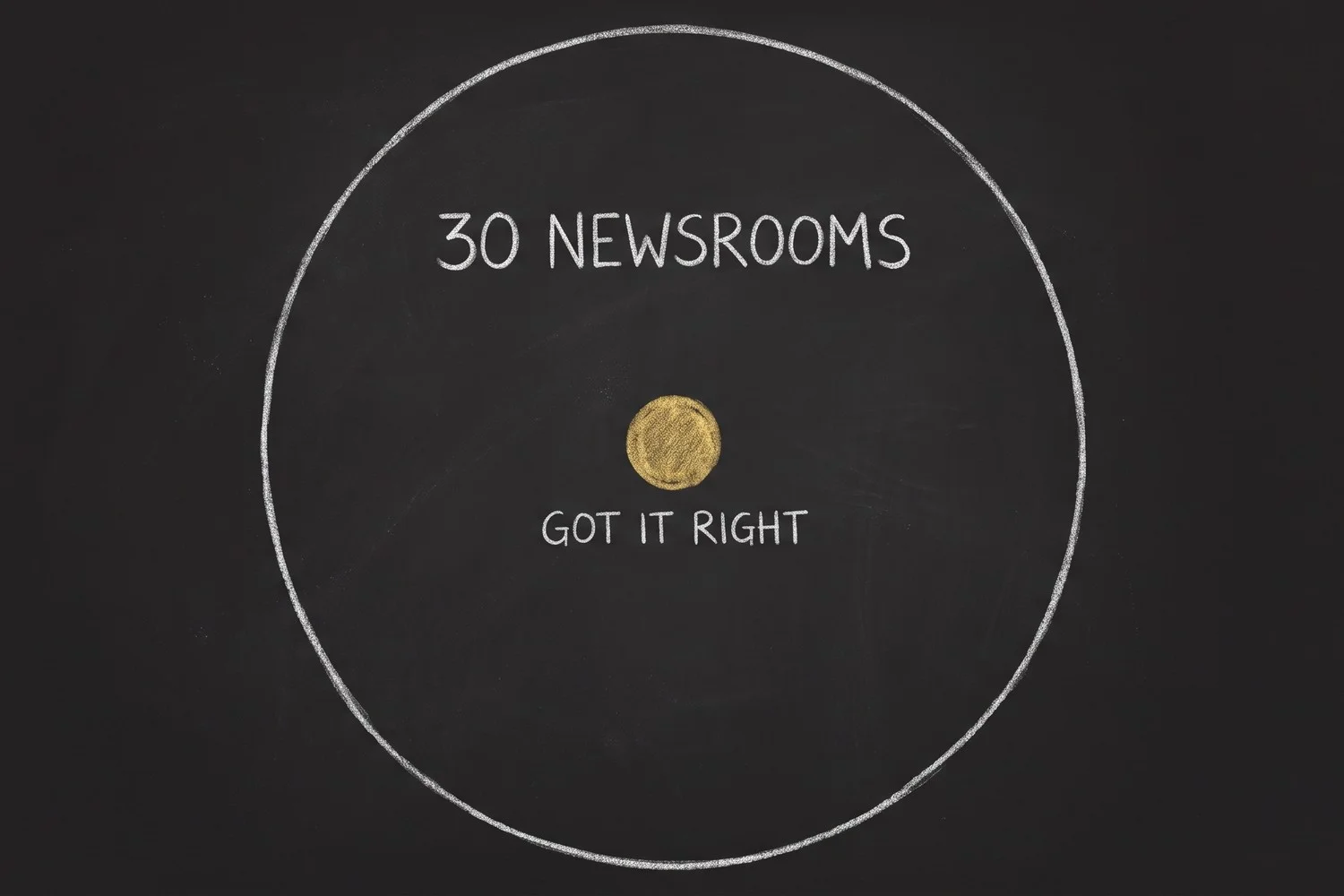 A chalkboard sketch: a large white circle labelled 30 NEWSROOMS with a single tiny gold dot at its centre labelled GOT IT RIGHT.