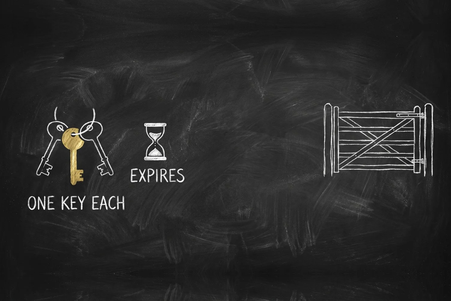 A chalkboard sketch: three keys hang in a row with the middle one solid gold, beside an hourglass marked EXPIRES and a closed gate, under the label ONE KEY EACH.