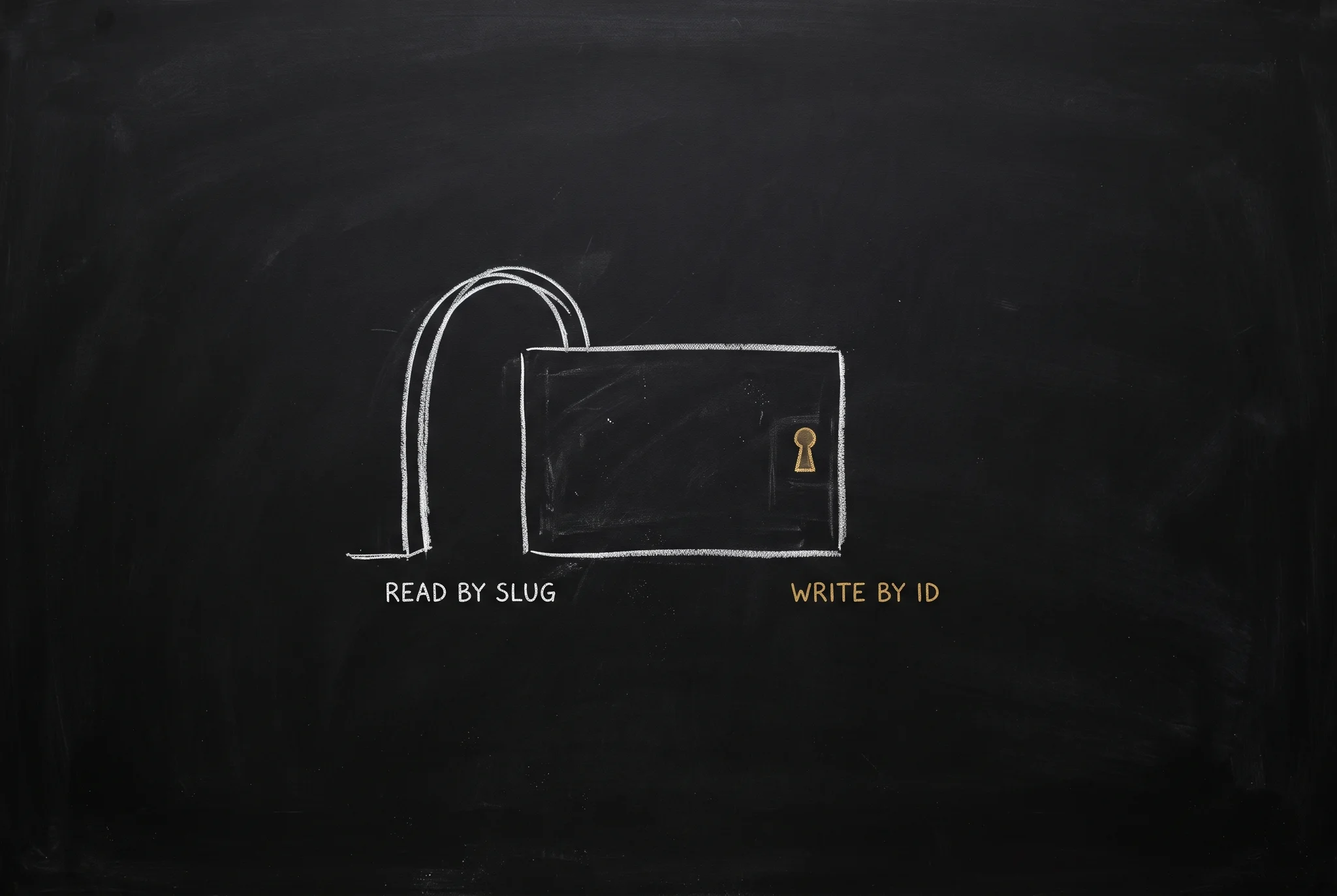 A chalk record card with an open archway on its left labelled READ BY SLUG and a small gold keyhole on its right labelled WRITE BY ID.