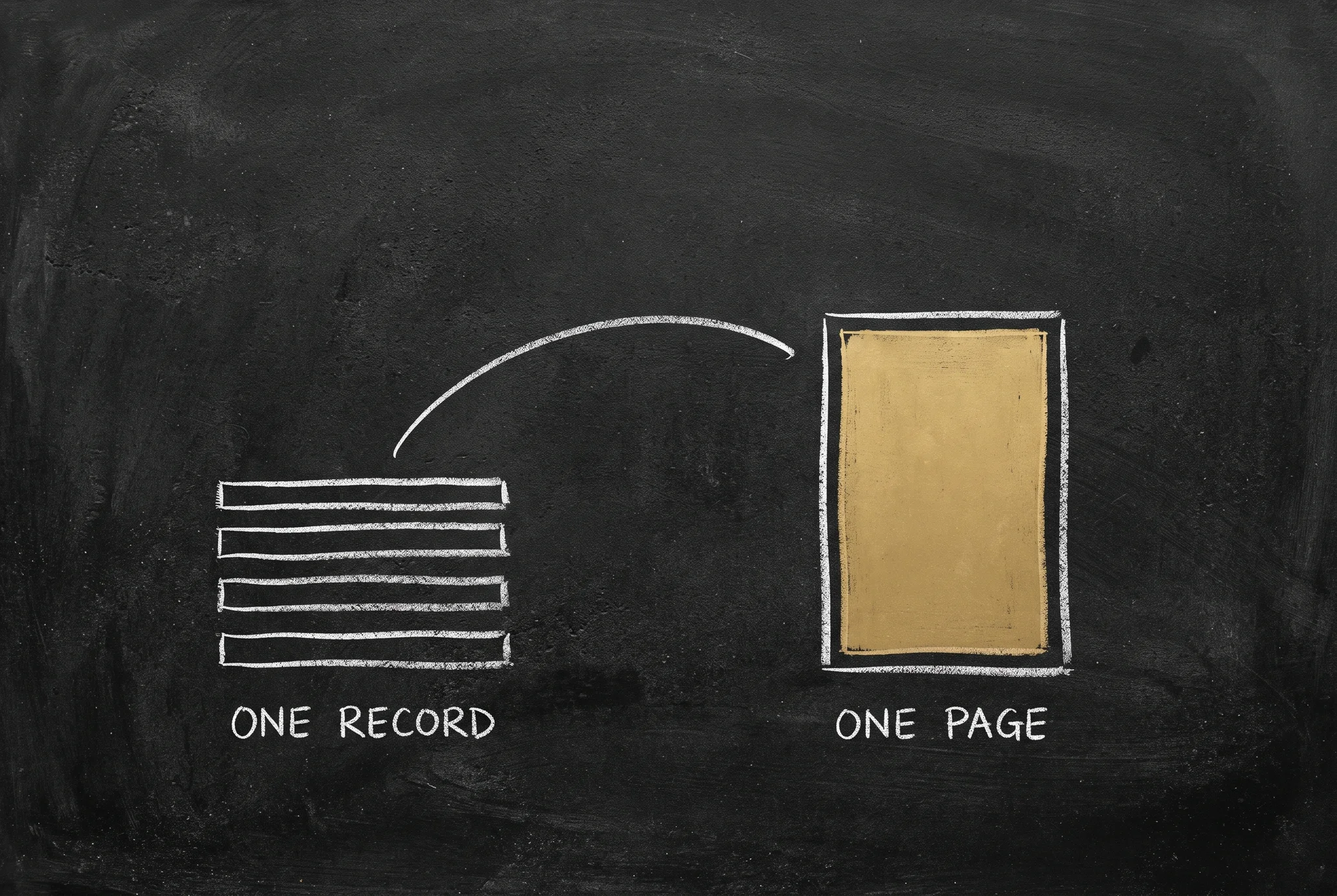 A stack of flat chalk rows labelled ONE RECORD, with an arc leading to a standing gold rectangle shaped like a web page, labelled ONE PAGE.