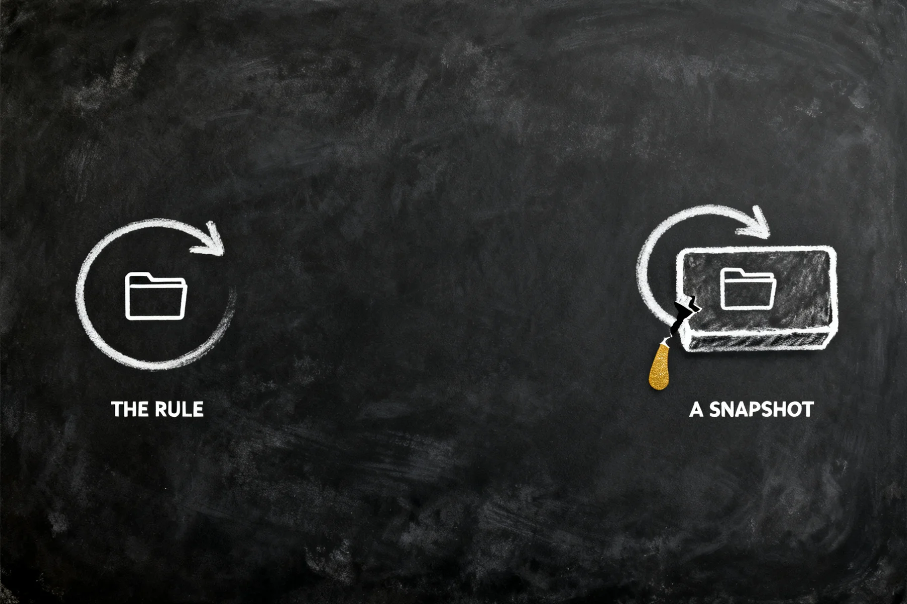 A chalkboard sketch: on the left a folder inside a closed turning loop, labelled THE RULE; on the right the same folder sealed inside a slab with the loop snapped open and dripping gold, labelled A SNAPSHOT.