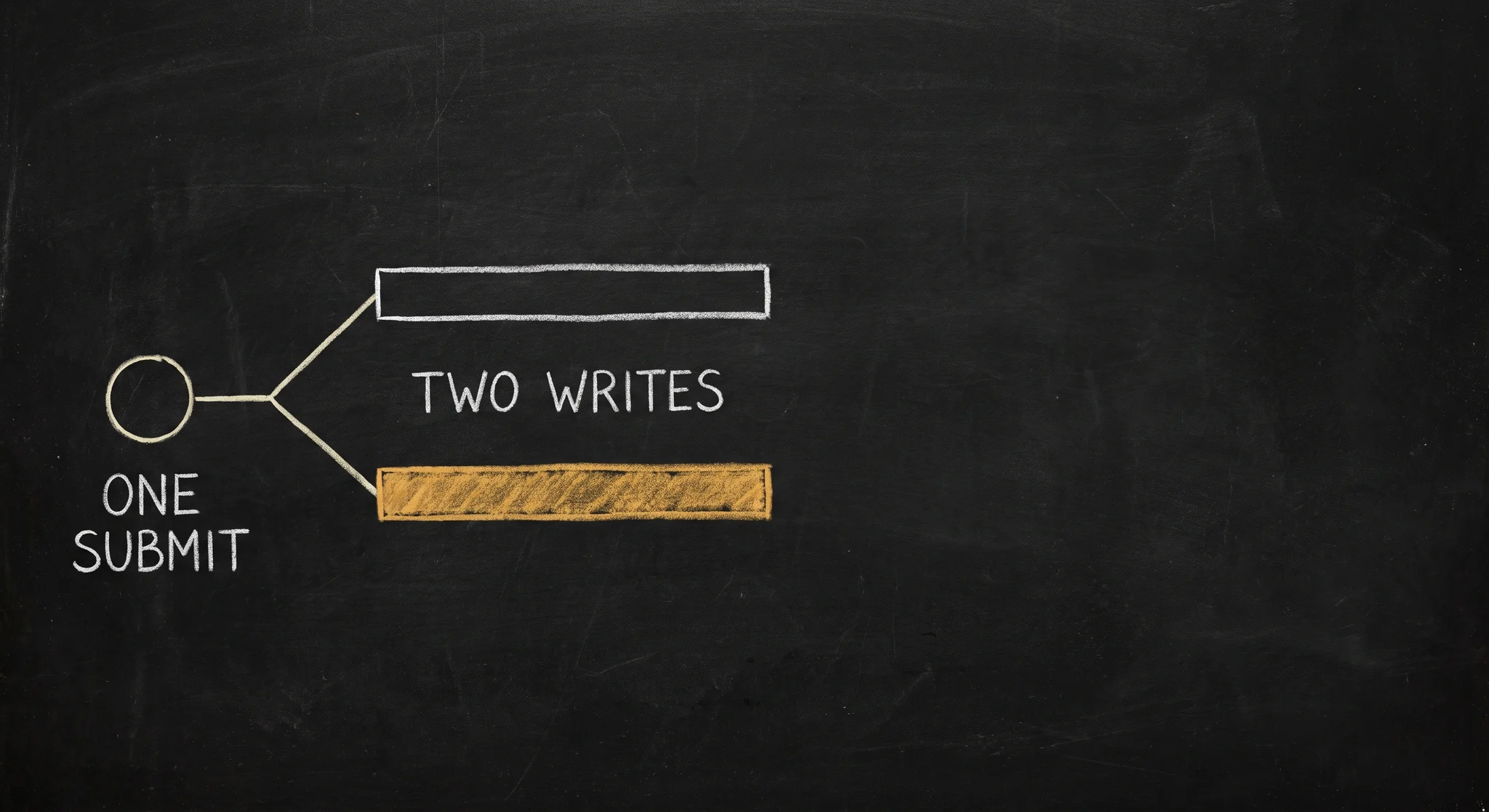 Chalkboard: a circle labelled ONE SUBMIT splitting into two parallel bars labelled TWO WRITES, the lower bar filled gold