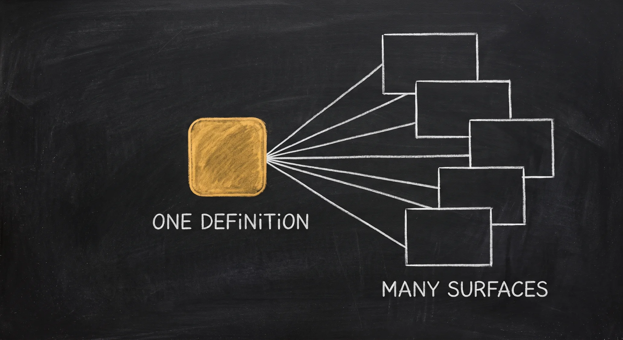 Chalkboard: a gold rounded square labelled ONE DEFINITION fanning out to a group of plain rectangles labelled MANY SURFACES