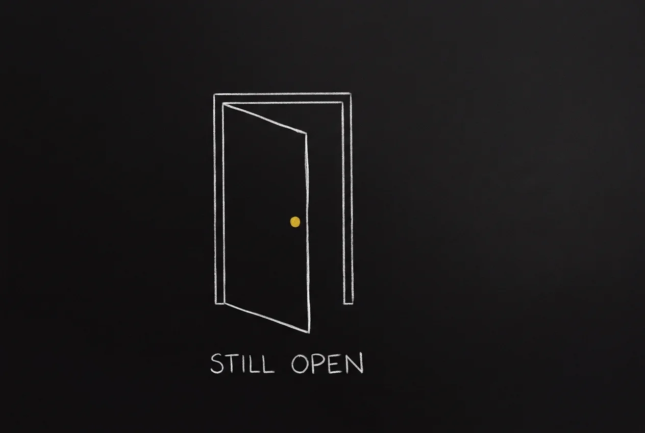 Chalk sketch: a doorway with its door swung open and a gold dot for a handle, labelled STILL OPEN