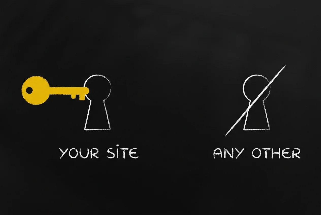 Chalk sketch: a gold key meeting one keyhole labelled YOUR SITE, and a second keyhole struck through, labelled ANY OTHER