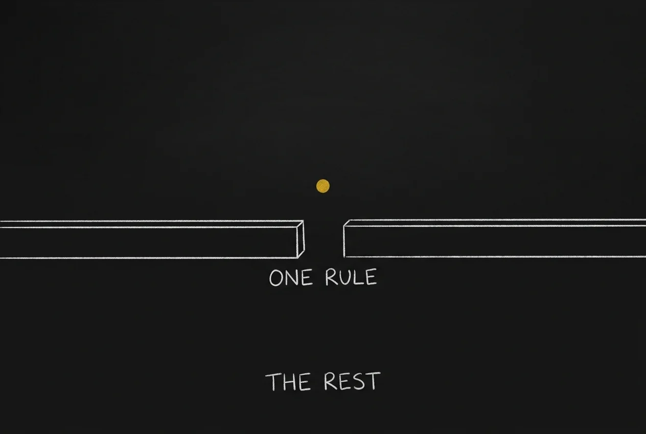 Chalk sketch: a long barrier with a single narrow gap labelled ONE RULE, one gold dot through it, and empty board below labelled THE REST