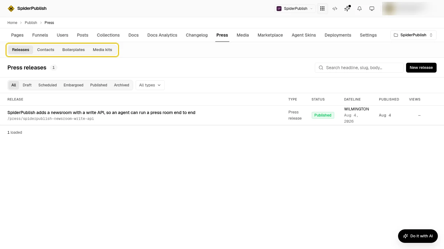 The Press area of the SpiderPublish dashboard, with the Releases, Contacts, Boilerplates and Media kits tabs outlined