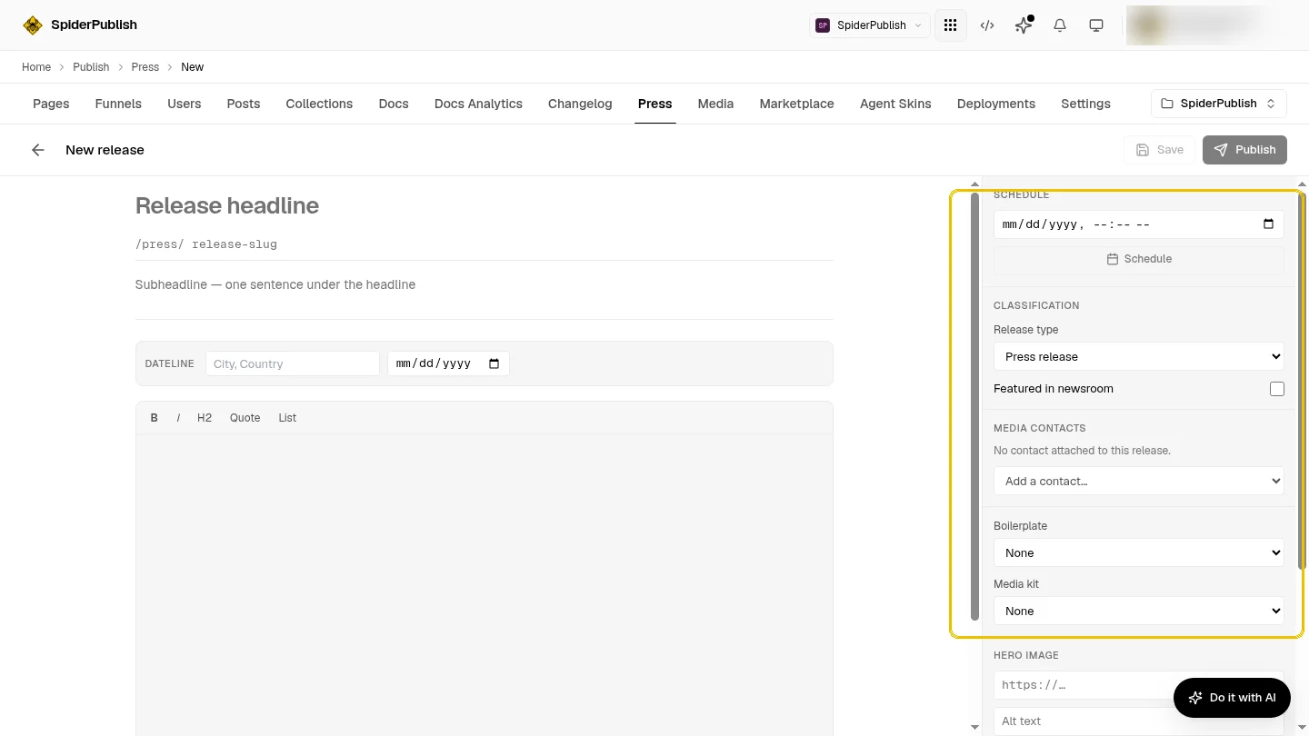 The new press release editor, with the attachment panel on the right outlined