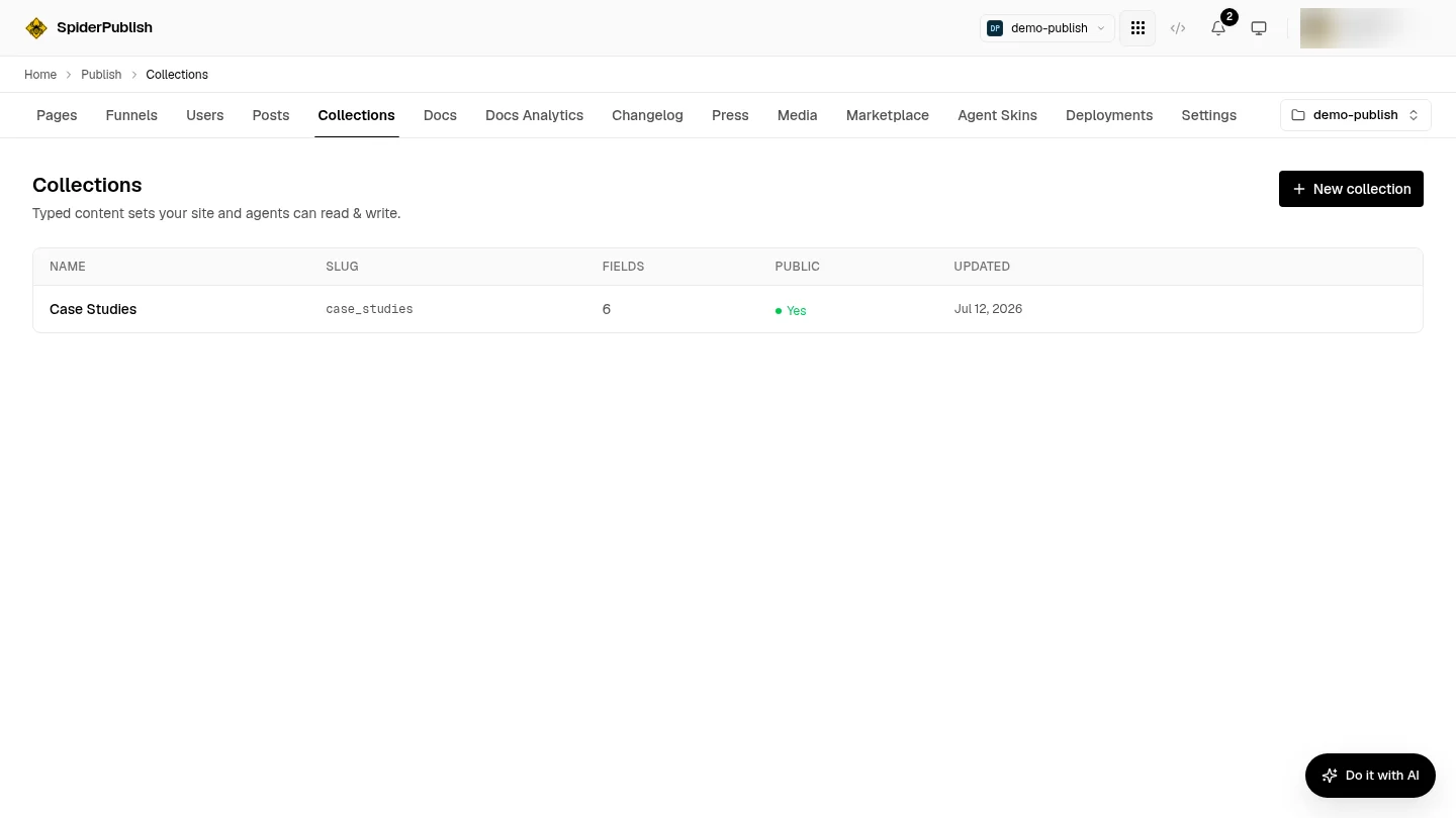 The Collections screen in the SpiderPublish dashboard, listing one collection called Case Studies with its slug, field count and public status.