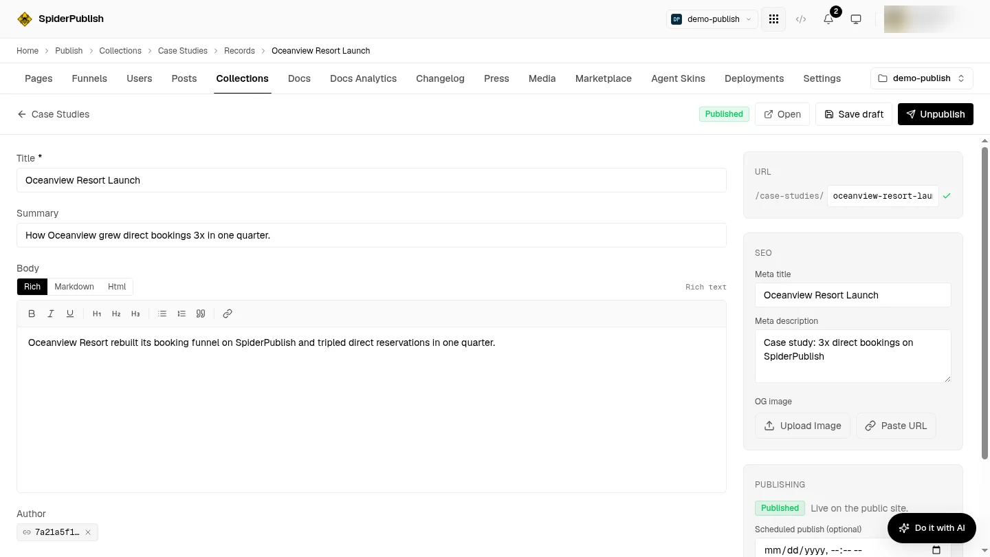 The record editor, with the entry's fields on the left and its address, SEO settings and publishing state on the right.