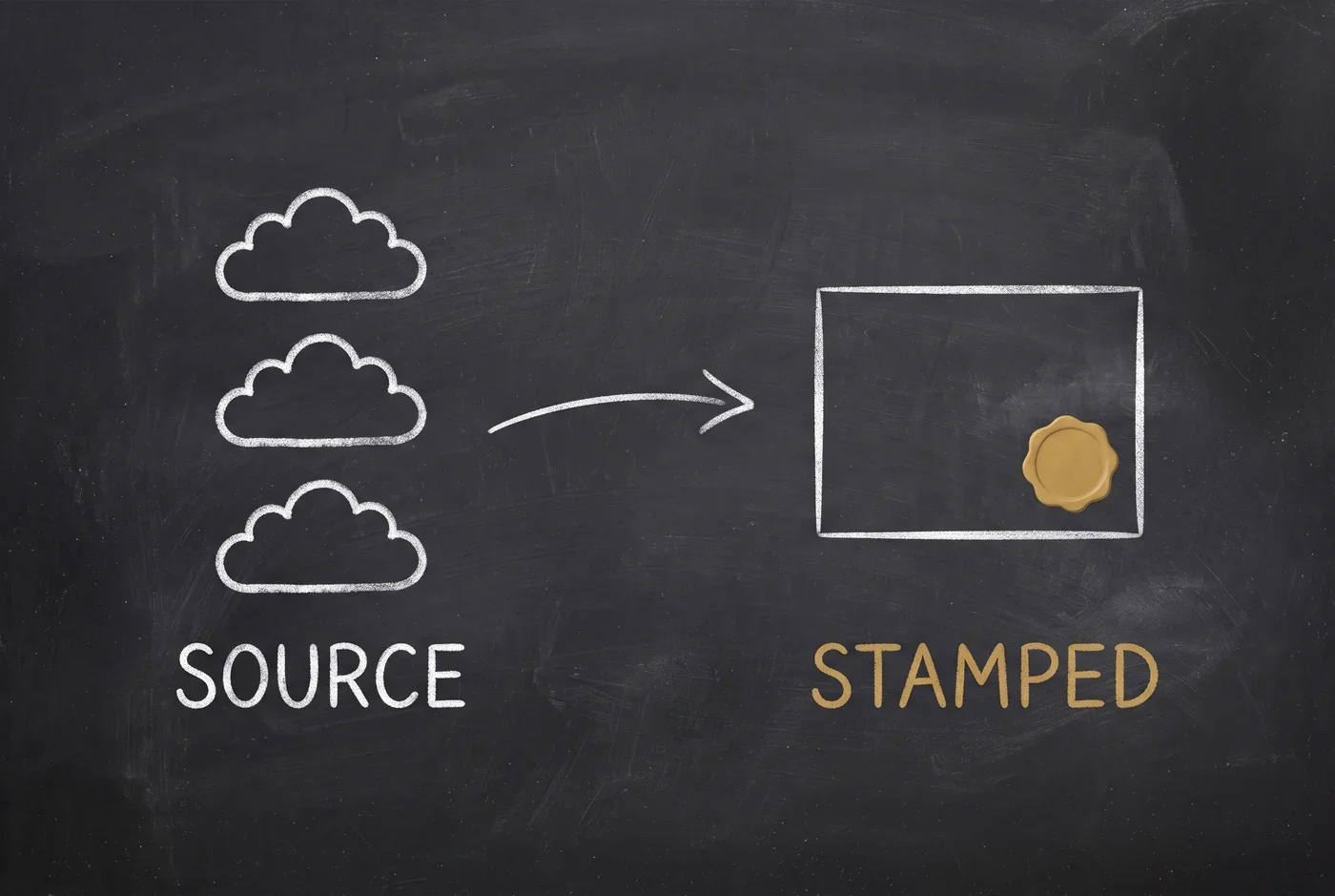 Three chalk cloud shapes labelled SOURCE, an arrow sweeping right into a card carrying a gold wax seal labelled STAMPED.