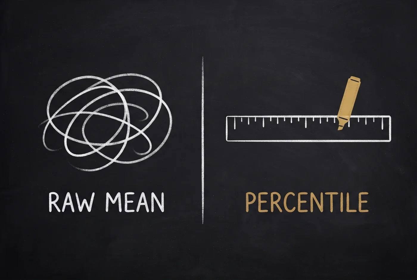 A tangle of overlapping chalk scribbles labelled RAW MEAN beside a clean ruler with a single gold marker labelled PERCENTILE.
