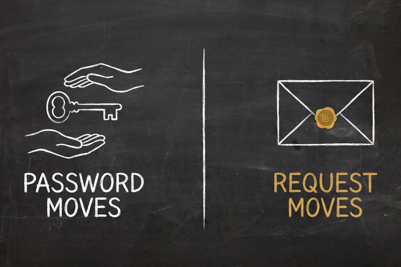 Left: a key passed between two hands, labelled PASSWORD MOVES. Right: a sealed envelope, labelled REQUEST MOVES.
