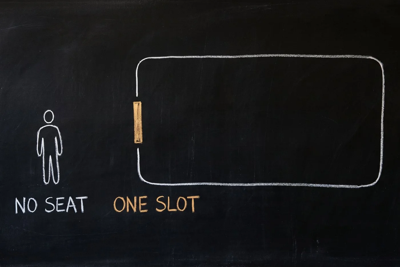 A figure standing outside a large empty rectangle, labelled NO SEAT, with a single gold slot in the rectangle's edge labelled ONE SLOT