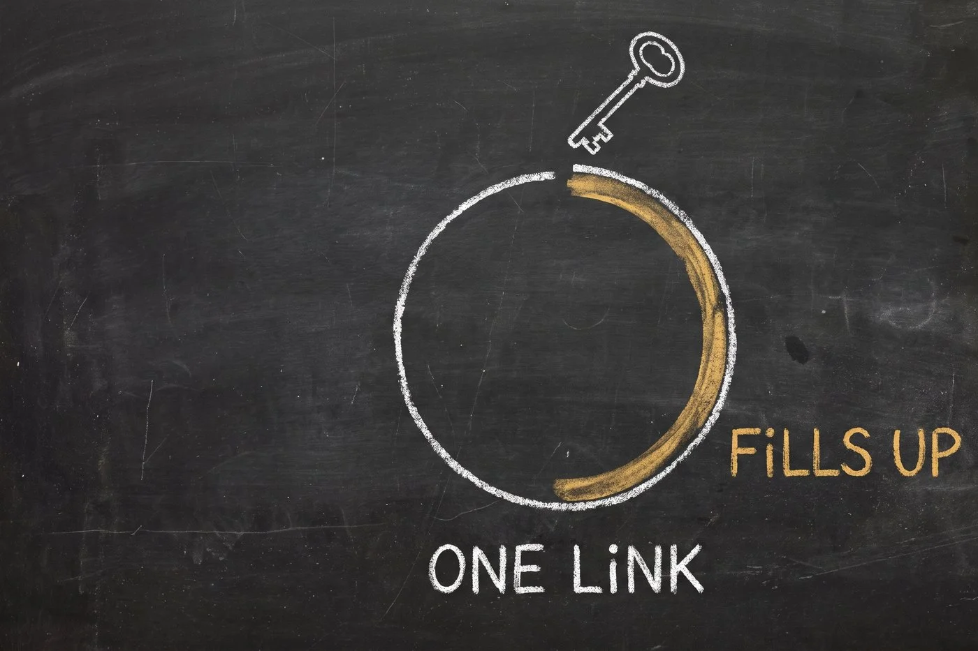 A chalk ring partly filled with a gold arc labelled FILLS UP, with a key dropping into the gap, labelled ONE LINK
