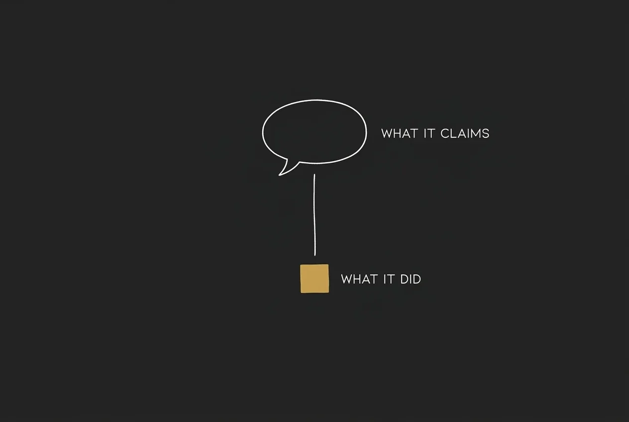 An empty white outline speech bubble on a black board labelled WHAT IT CLAIMS, joined by a thin line down to a small solid gold square labelled WHAT IT DID