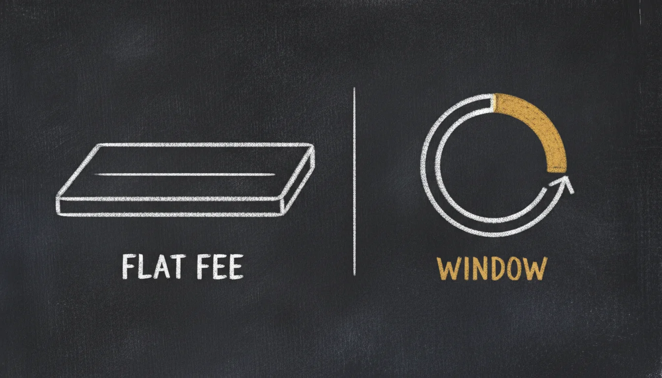 A flat fee never moves, so there is nothing useful to meter in dollars. The rolling window is the thing that moves.