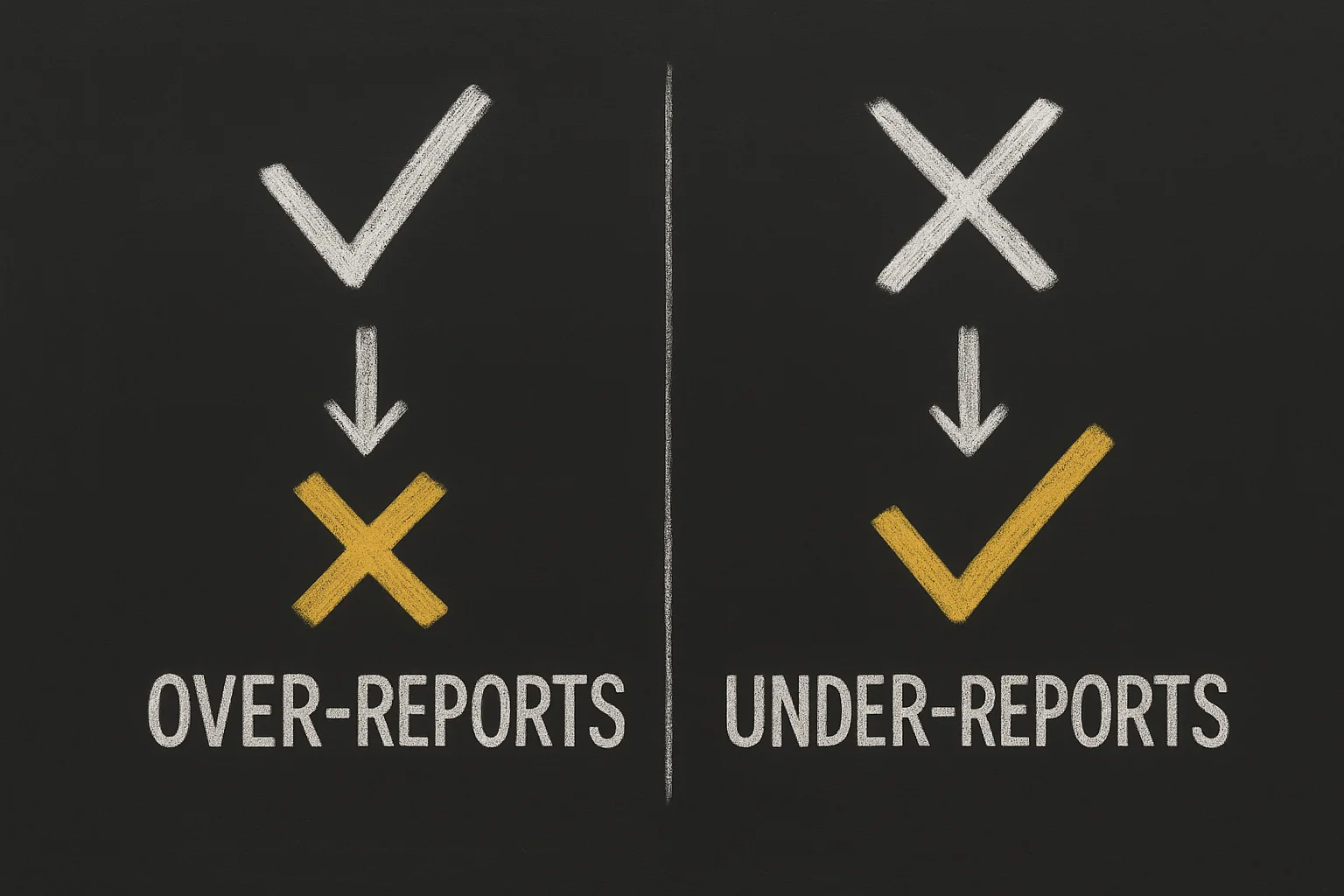 Blackboard diagram: a white check leading to a gold X labelled OVER-REPORTS, beside a white X leading to a gold check labelled UNDER-REPORTS.