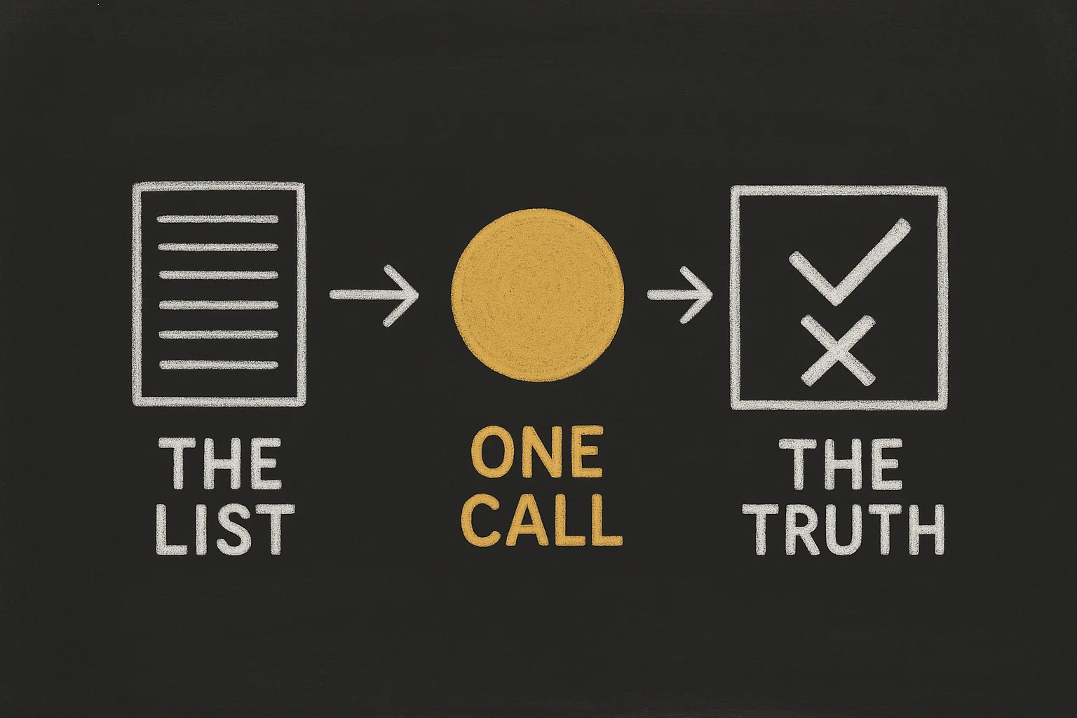 Blackboard diagram: THE LIST, an arrow, a gold circle labelled ONE CALL, an arrow, a panel labelled THE TRUTH.